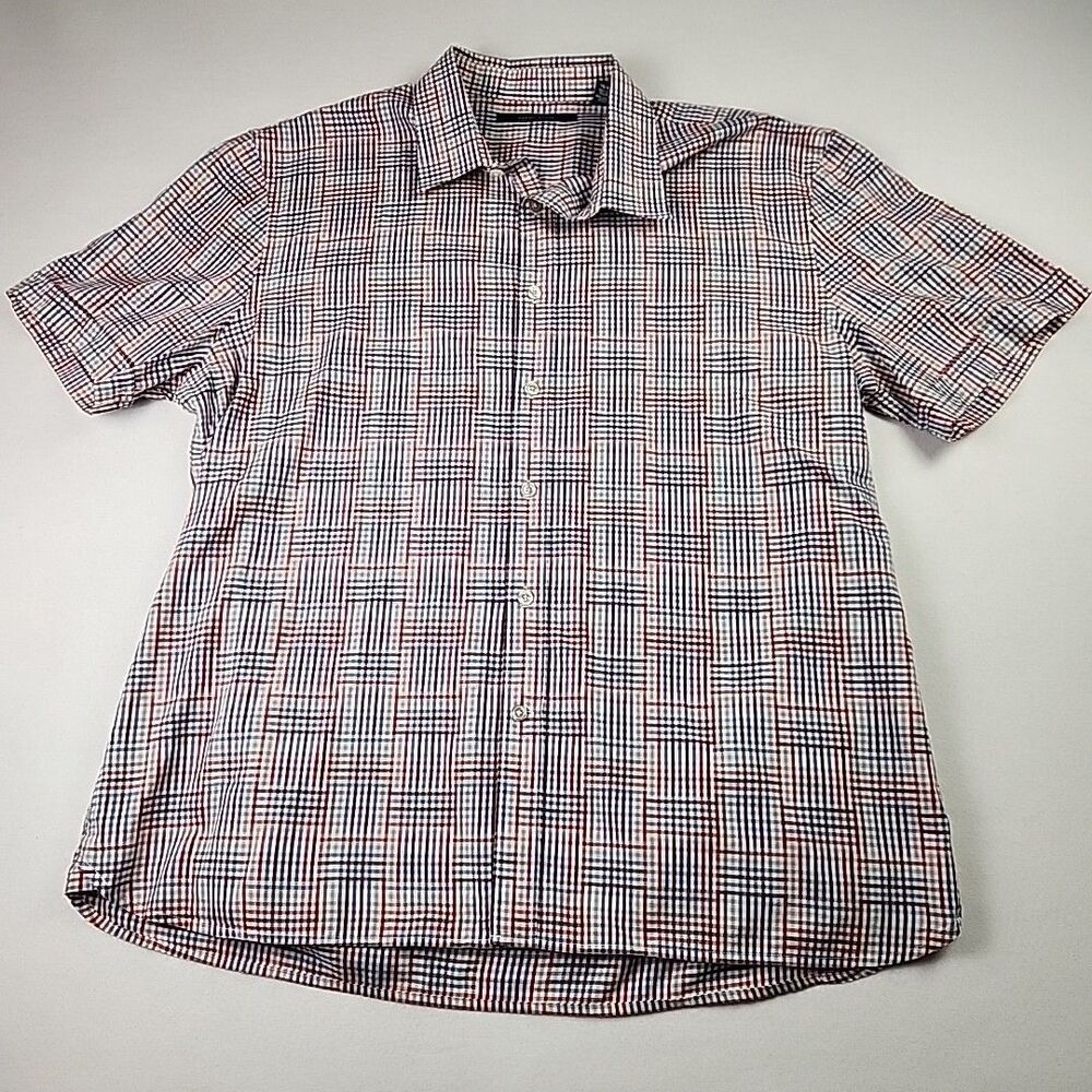 Perry Ellis Mens XL Short Sleeved Cotton Button Up Plaid Red White Blue Casual